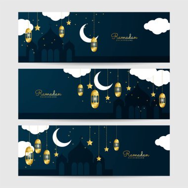 Ramadhan feneri seti koyu mavi altın renkli geniş pankart tasarımı arka plan