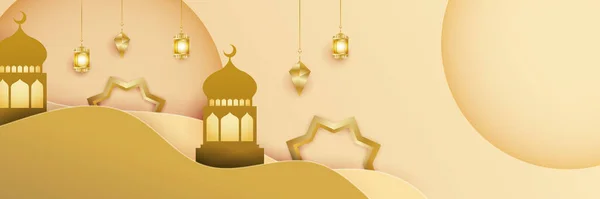 伊斯兰拉马丹卡里姆旗帜背景与月牙图案的月亮清真寺灯笼 矢量图解 Ramadhan黄金色彩色宽横幅设计背景 — 图库矢量图片