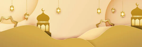 Ramadán Islámico Kareem Banner Fondo Con Patrón Creciente Linterna Mezquita — Vector de stock