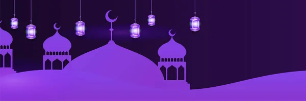 三日月模様の星のモスクの提灯とイスラムラマダーンカレームバナーの背景 ベクトルイラスト ラマダーンカラフルなワイドバナーデザインの背景 — ストックベクタ