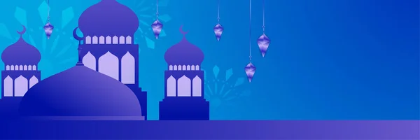 三日月模様の星のモスクの提灯とイスラムラマダーンカレームバナーの背景 ベクトルイラスト ラマダーンカラフルなワイドバナーデザインの背景 — ストックベクタ