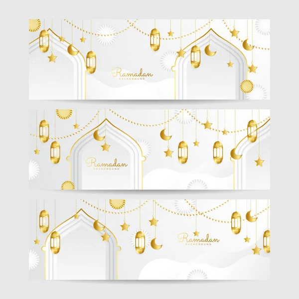 Conjunto Fundo Design Banner Largo Colorido Branco Ramadhan — Vetor de Stock