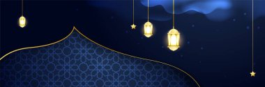 Ramadhan mavi renkli geniş pankart tasarım arka planı. Hilal desenli ay yıldızı cami feneriyle İslami Ramazan Kareem afişi. Vektör illüstrasyonu.