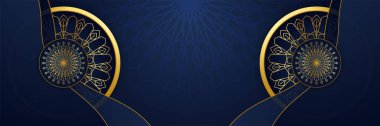 Ramadhan mavi renkli geniş pankart tasarım arka planı. Hilal desenli ay yıldızı cami feneriyle İslami Ramazan Kareem afişi. Vektör illüstrasyonu.
