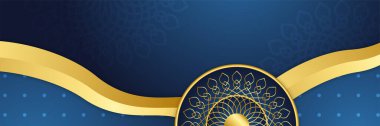 Mandala deseni mavi ve altın renkli geniş pankart tasarımı arka plan