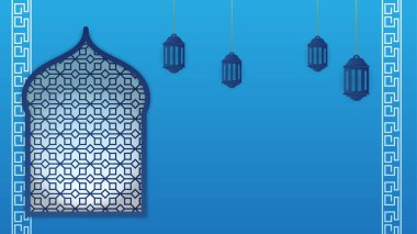 Düz Arap mavisi İslami tasarım arka planı. Fener, ay, İslami desen, cami ve soyut lüks İslami unsurlara sahip evrensel ramazan kareem afişi