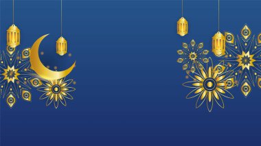 Güzel altın mavisi İslami tasarım arka planı. Fener, ay, İslami desen, cami ve soyut lüks İslami unsurlara sahip evrensel ramazan kareem afişi