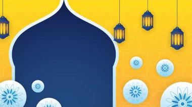 Düz Arap mavisi, sarı, İslami tasarım arka planı. Fener, ay, İslami desen, cami ve soyut lüks İslami unsurlara sahip evrensel ramazan kareem afişi