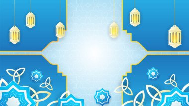 Gerçekçi mandala mavi İslami tasarım geçmişi. Fener, ay, İslami desen, cami ve soyut lüks İslami unsurlara sahip evrensel ramazan kareem afişi