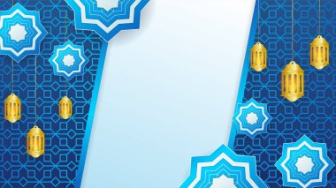 Gerçekçi mandala mavi İslami tasarım geçmişi. Fener, ay, İslami desen, cami ve soyut lüks İslami unsurlara sahip evrensel ramazan kareem afişi