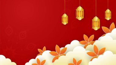 Altın fener Arap kırmızı islami tasarım arka planı. Fener, ay, İslami desen, cami ve soyut lüks İslami unsurlara sahip evrensel ramazan kareem afişi