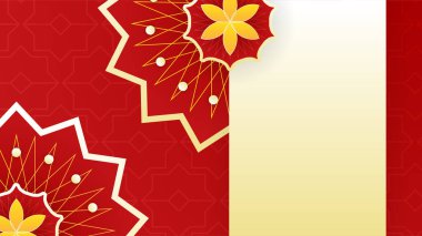 Mandala Arap kırmızı İslami tasarım arka planı. Fener, ay, İslami desen, cami ve soyut lüks İslami unsurlara sahip evrensel ramazan kareem afişi