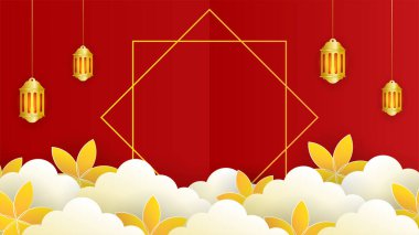 Altın fener Arap kırmızı islami tasarım arka planı. Fener, ay, İslami desen, cami ve soyut lüks İslami unsurlara sahip evrensel ramazan kareem afişi