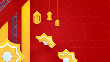 Gerçekçi mandala kızıl İslami tasarım geçmişi. Fener, ay, İslami desen, cami ve soyut lüks İslami unsurlara sahip evrensel ramazan kareem afişi