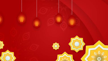 Gerçekçi mandala kızıl İslami tasarım geçmişi. Fener, ay, İslami desen, cami ve soyut lüks İslami unsurlara sahip evrensel ramazan kareem afişi