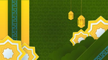 Güzel mandala feneri altın yeşili İslami tasarım arka planı. Fener, ay, İslami desen, cami ve soyut lüks İslami unsurlara sahip evrensel ramazan kareem afişi
