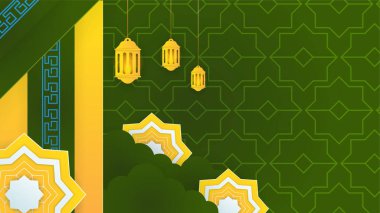 Güzel mandala feneri altın yeşili İslami tasarım arka planı. Fener, ay, İslami desen, cami ve soyut lüks İslami unsurlara sahip evrensel ramazan kareem afişi