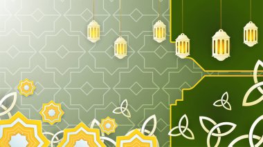 Güzel mandala feneri altın yeşili İslami tasarım arka planı. Fener, ay, İslami desen, cami ve soyut lüks İslami unsurlara sahip evrensel ramazan kareem afişi