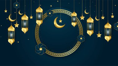 Altın fener Arap koyu mavi İslami tasarım arka planı. Fener, ay, İslami desen, cami ve soyut lüks İslami unsurlara sahip evrensel ramazan kareem afişi