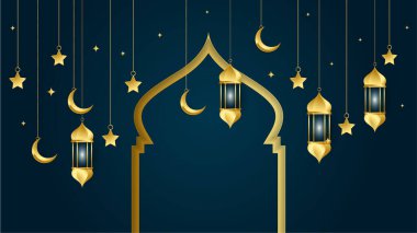Altın fener Arap koyu mavi İslami tasarım arka planı. Fener, ay, İslami desen, cami ve soyut lüks İslami unsurlara sahip evrensel ramazan kareem afişi