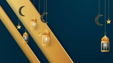 Altın fener Arap koyu mavi İslami tasarım arka planı. Fener, ay, İslami desen, cami ve soyut lüks İslami unsurlara sahip evrensel ramazan kareem afişi