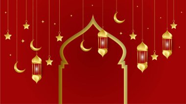 Altın fener Arap kırmızı altın sarısı, İslami tasarım arka planı. Fener, ay, İslami desen, cami ve soyut lüks İslami unsurlara sahip evrensel ramazan kareem afişi