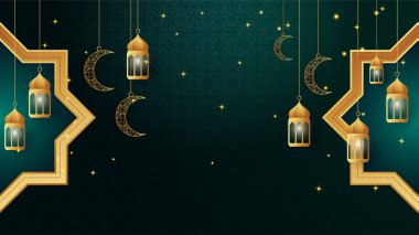 Altın fener Arap yeşili İslami tasarım arka planı. Fener, ay, İslami desen, cami ve soyut lüks İslami unsurlara sahip evrensel ramazan kareem afişi