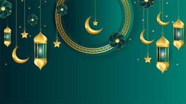 Altın fener Arap yeşili İslami tasarım arka planı. Fener, ay, İslami desen, cami ve soyut lüks İslami unsurlara sahip evrensel ramazan kareem afişi