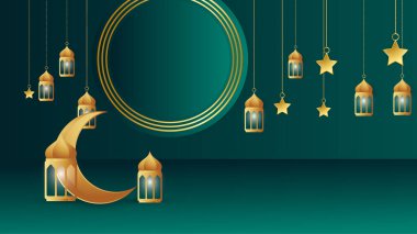 Lüks, altın fener, Arap yeşili yeşil tasarım arka planı. Fener, ay, İslami desen, cami ve soyut lüks İslami unsurlara sahip evrensel ramazan kareem afişi