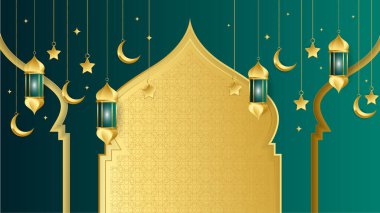 Altın fener Arap yeşili İslami tasarım arka planı. Fener, ay, İslami desen, cami ve soyut lüks İslami unsurlara sahip evrensel ramazan kareem afişi