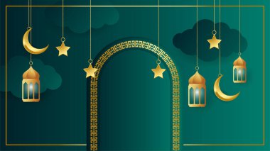 Altın fener Arap yeşili İslami tasarım arka planı. Fener, ay, İslami desen, cami ve soyut lüks İslami unsurlara sahip evrensel ramazan kareem afişi