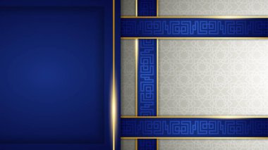 Düz Arap mavisi İslami tasarım arka planı. Fener, ay, İslami desen, cami ve soyut lüks İslami unsurlara sahip evrensel ramazan kareem afişi