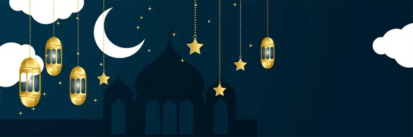 Ramadán Islámico Kareem Banner Fondo Con Patrón Creciente Linterna Mezquita — Vector de stock