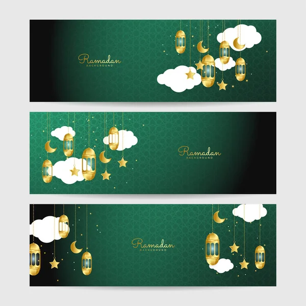 Set Med Premium Ramadhan Grön Och Guld Färgglada Bred Banner — Stock vektor