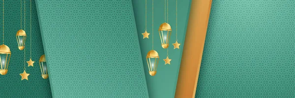 Ramadhan Lanterna Verde Ouro Colorido Amplo Banner Design Fundo — Vetor de Stock