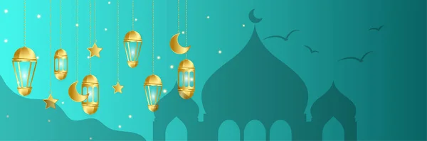 Ramadhan Laterne Grün Gold Bunt Breit Banner Design Hintergrund — Stockvektor
