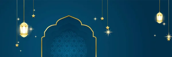 Ramadhan Mavi Renkli Geniş Pankart Tasarım Arka Planı Hilal Desenli — Stok Vektör