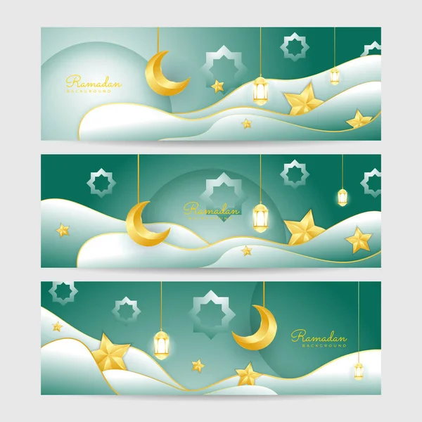 Set Ramadhan White Green Colorful Wide Banner Design Background — Stock Vector