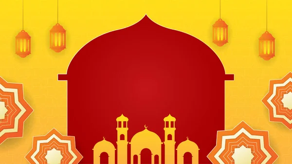 现实的曼达拉红黄色伊斯兰设计背景 具有灯笼 伊斯兰图案 清真寺和抽象豪华伊斯兰元素的通用伊斯兰式旗袍背景 — 图库矢量图片