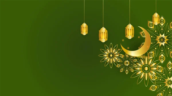 美しいマンダラランタン黄金の緑イスラムデザインの背景 — ストックベクタ
