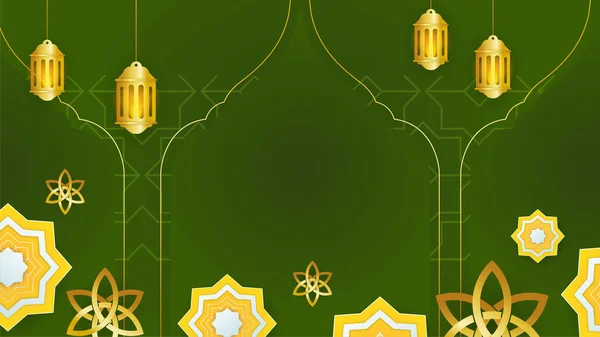 stock vector beautiful mandala lantern golden green Islamic design background. Universal ramadan kareem banner background with lantern, moon, islamic pattern, mosque and abstract luxury islamic elements