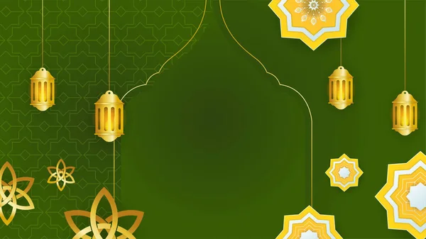 美しいマンダラランタンゴールデングリーンイスラムデザインの背景 イスラムパターン モスク 抽象的な高級イスラム要素を持つ普遍的なラマダーンカレームバナーの背景 — ストックベクタ
