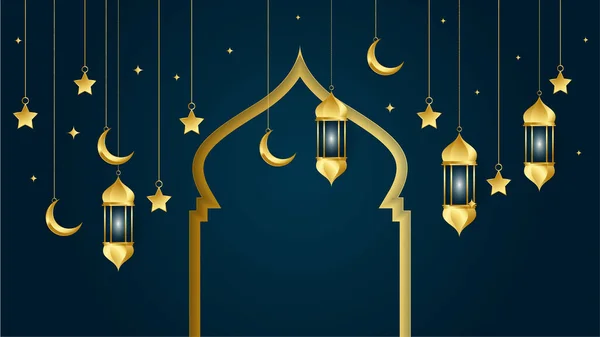 Lanternă Aurie Arabic Albastru Închis Fundal Design Islamic Universal Ramadan — Vector de stoc