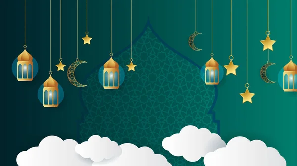 Linterna Dorada Árabe Verde Islámico Fondo Diseño Ramadán Universal Kareem — Vector de stock