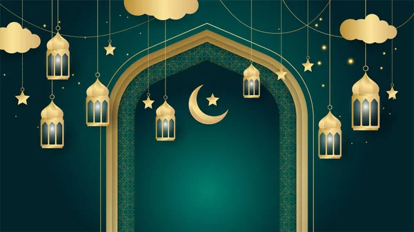 Goldene Laterne Arabisch Grün Islamischen Design Hintergrund Universelle Ramadan Kareem — Stockvektor