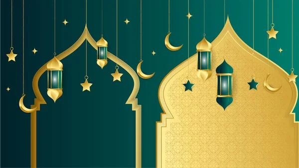 Lanternă Aurie Verde Arabic Fundal Design Islamic Universal Ramadan Kareem — Vector de stoc