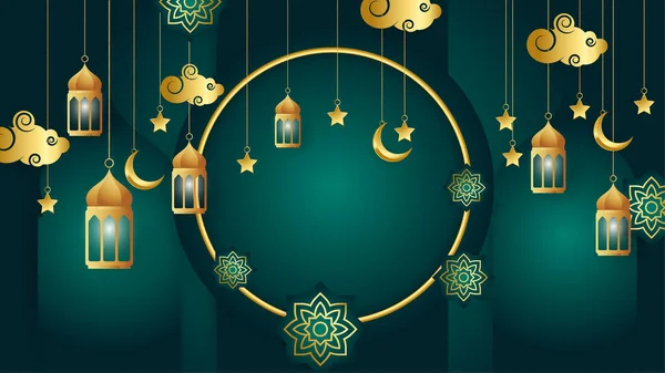 Linterna Dorada Árabe Verde Islámico Fondo Diseño Ramadán Universal Kareem — Vector de stock