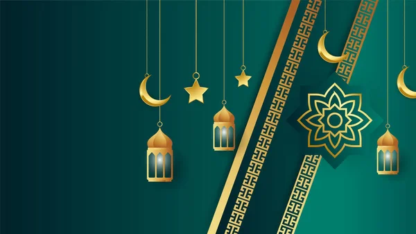 黄金の提灯アラビアグリーンイスラムデザインの背景 イスラムパターン モスク 抽象的な高級イスラム要素を持つ普遍的なラマダーンカレームバナーの背景 — ストックベクタ
