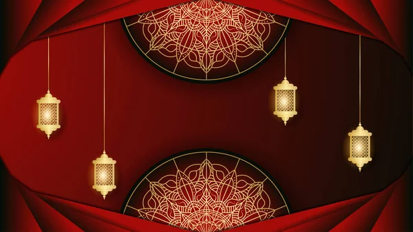 Bela Mandala Pendurado Lanterna Árabe Vermelho Islâmico Design Fundo — Vetor de Stock