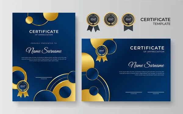 Plantilla Diseño Certificado Azul Dorado Elegante Premium — Archivo Imágenes Vectoriales